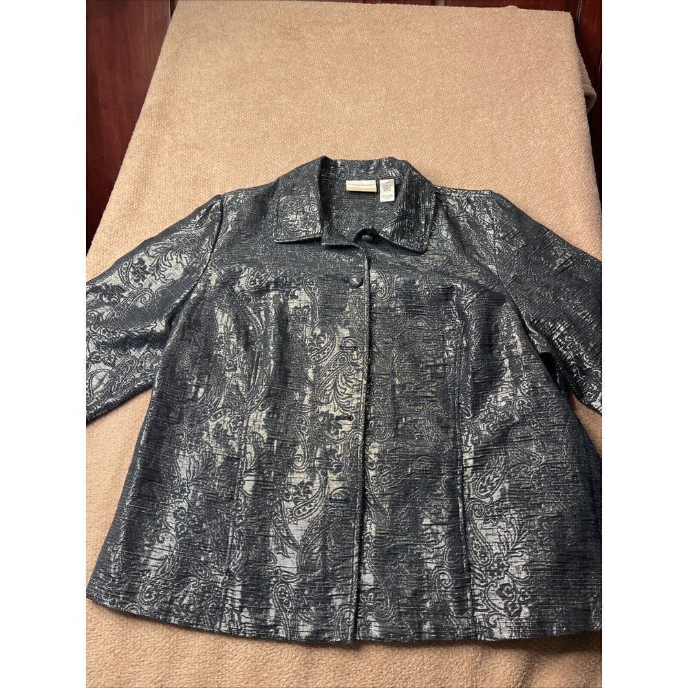 Alfred Dunner Woman Button Jacket Navy/Silver Metallic‎  18 Floral 3/4 Sleeve